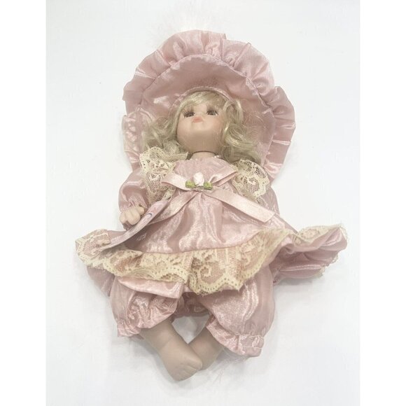 Menie Porcelain Doll 8” Blonde Brown Eyes Satin Pink Dress Lace Hat Dusty Rose - Picture 4 of 8